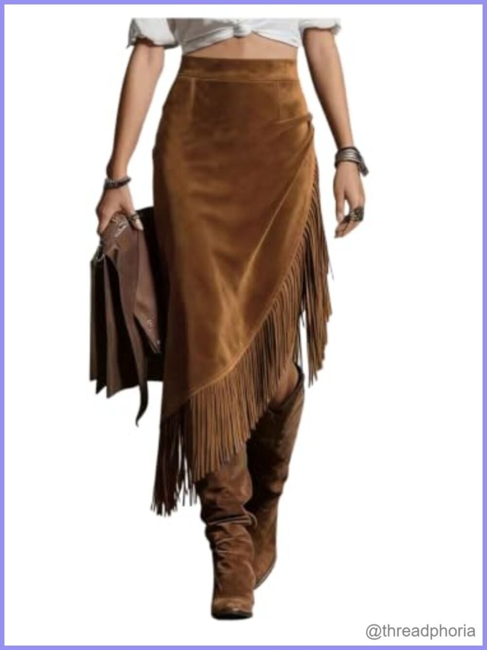 Faux Suede Fringe Asymmetrical Western Midi Concert Skirt